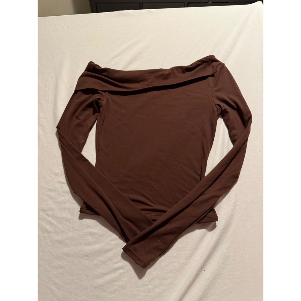 QINSEN Brown Off The Shoulder Long Sleeve Top Stretchy Bodycon Small